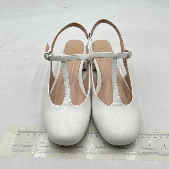 Pazzion White Stylish Low Chunky Heel Slingback T-Strap Buckle Square Toe Pumps - Picture 3 of 8